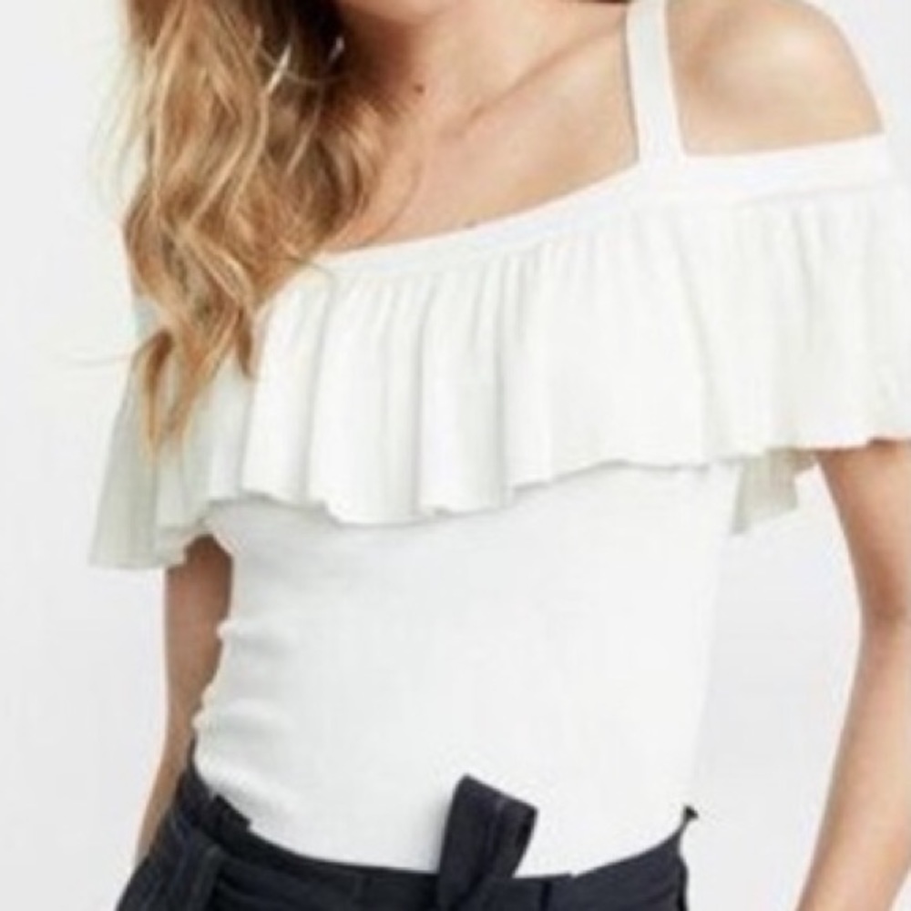 New! Fitted Ruffle Cold Shoulder Pullover Sweater